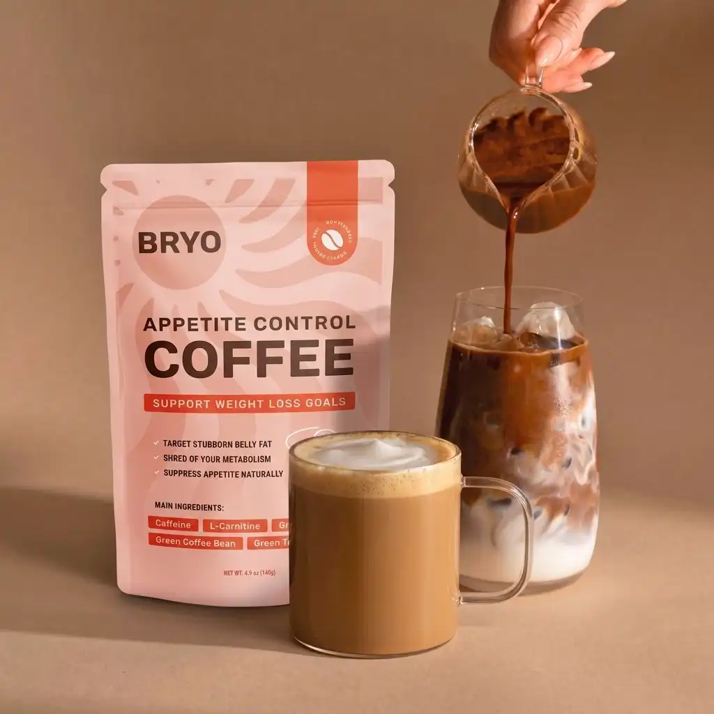 Café anti-antojos BRYO servido con leche y hielo – preparado como iced coffee