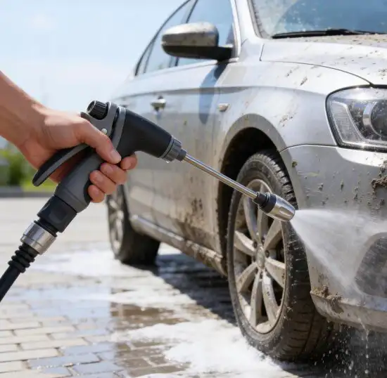 Jetterix limpiando un vehículo — coche y neumáticos limpiados con la manguera de jardín