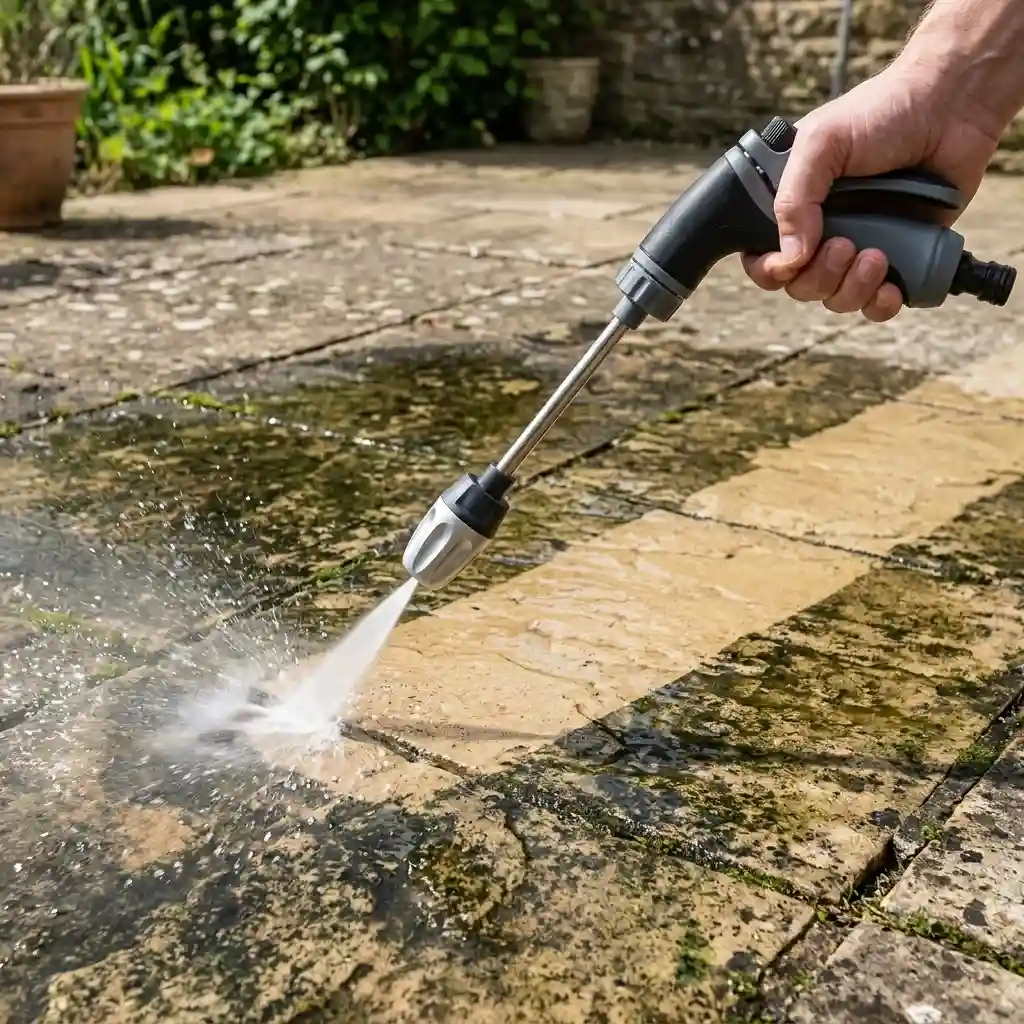 Jetterix limpiando una terraza cubierta de musgo — el chorro de agua elimina el musgo y la suciedad al instante