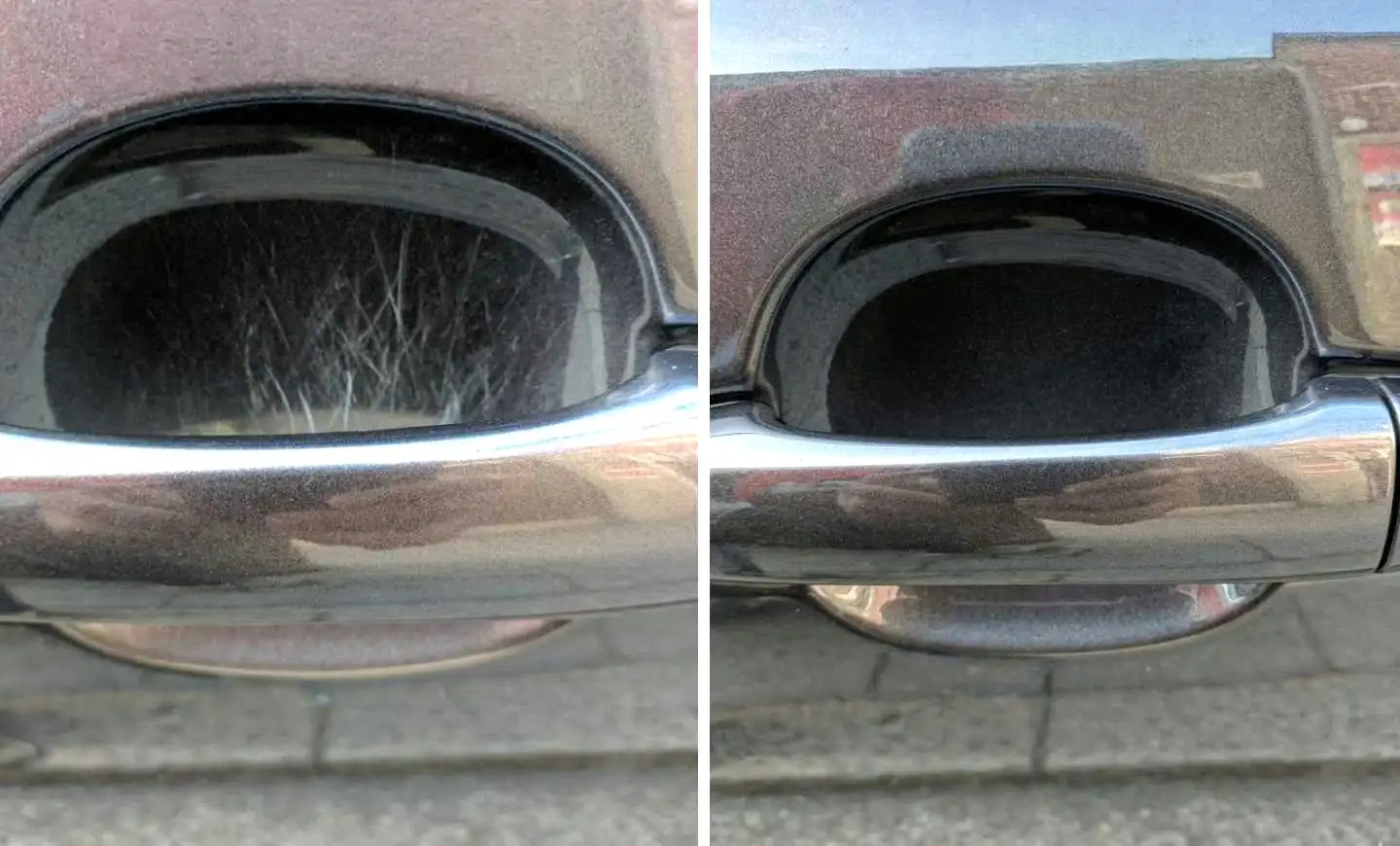 El paño nano NanoPolix elimina un arañazo de llave en la pintura del coche – superficie dañada visiblemente restaurada